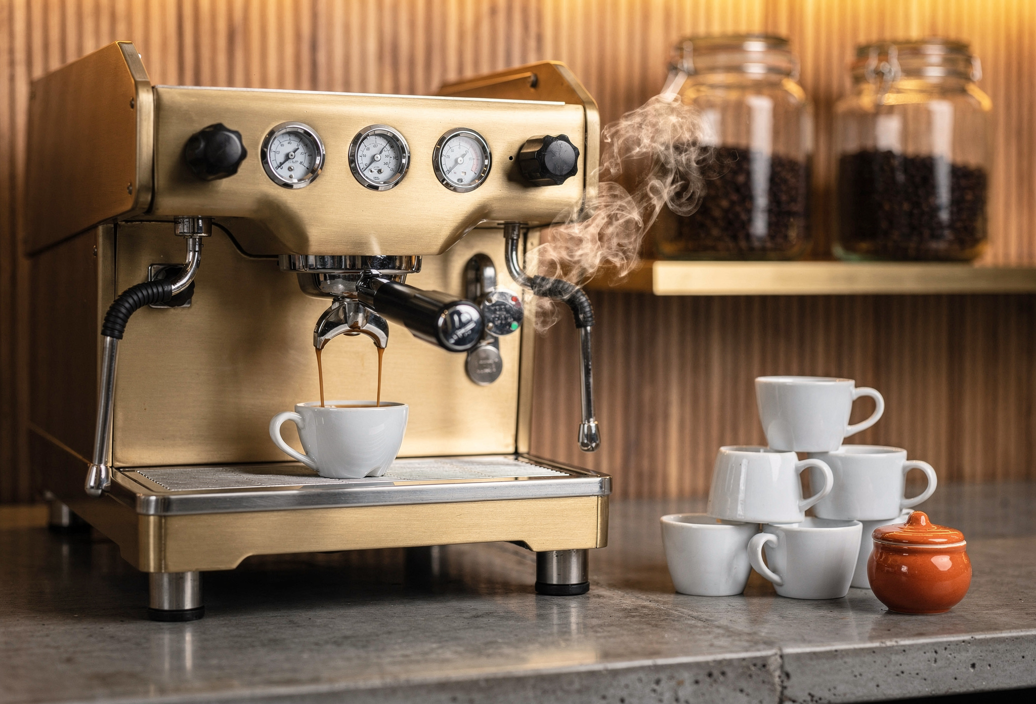 Espresso barında piriç makineden &ccedil;ıkan buhar bulutu